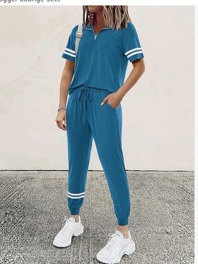 Casual Blue Women's Jogger Jumpsuit with Stripe Detail